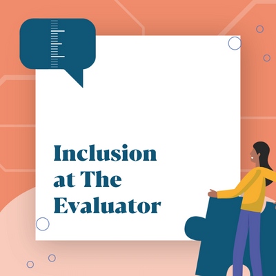 Blog Image Red border with woman holding a blue jigsaw piece and text which reads 'Inclusion at The Evaluator'
