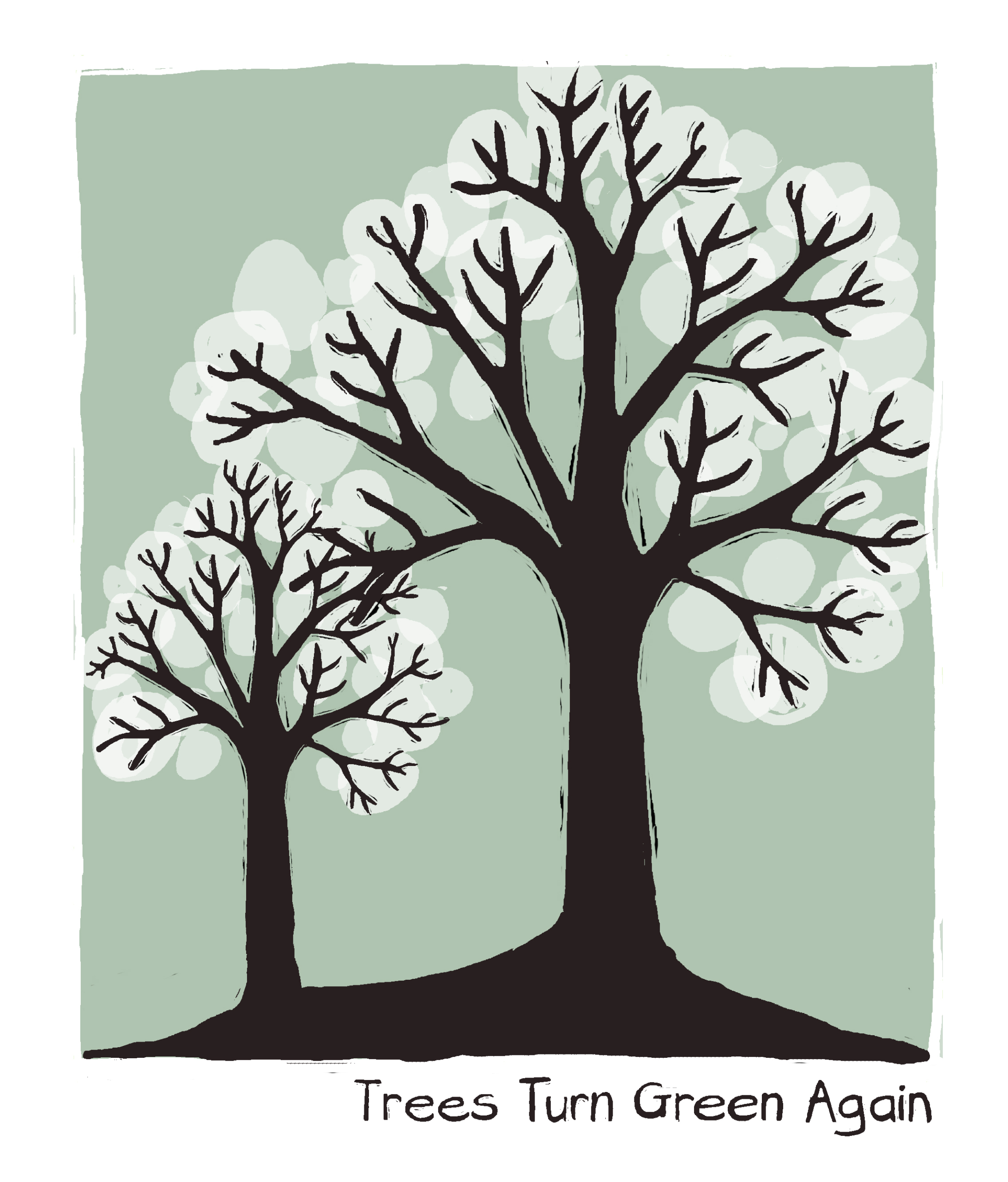 Drawing of two trees silhouetted against a plain green background